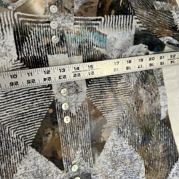 Parsley & Sage Womens Top L Brown Gray Artsy Patchwork Print Asymmetric Casual - Picture 7 of 8